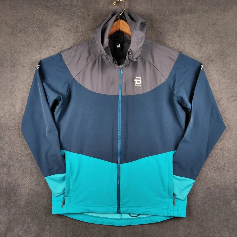 Bjorn Daehlie Gatineau Jacket Mens XL Blue Teal Gray Hooded Softshell Running